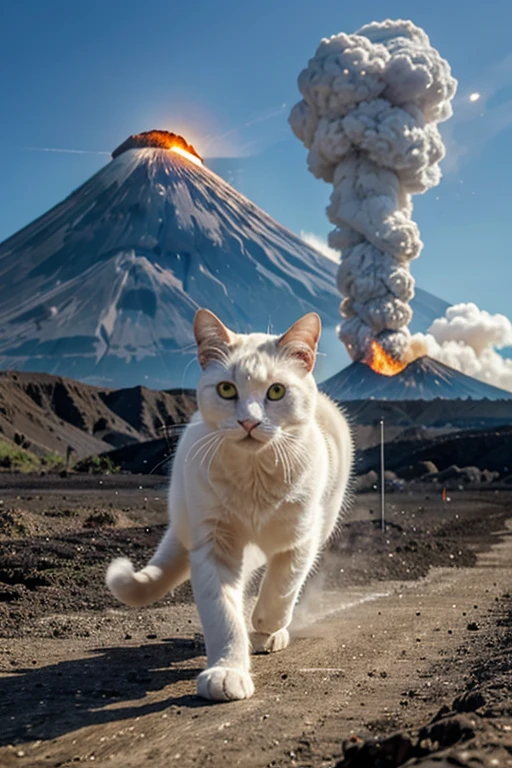 white cat running from an erupting volcano