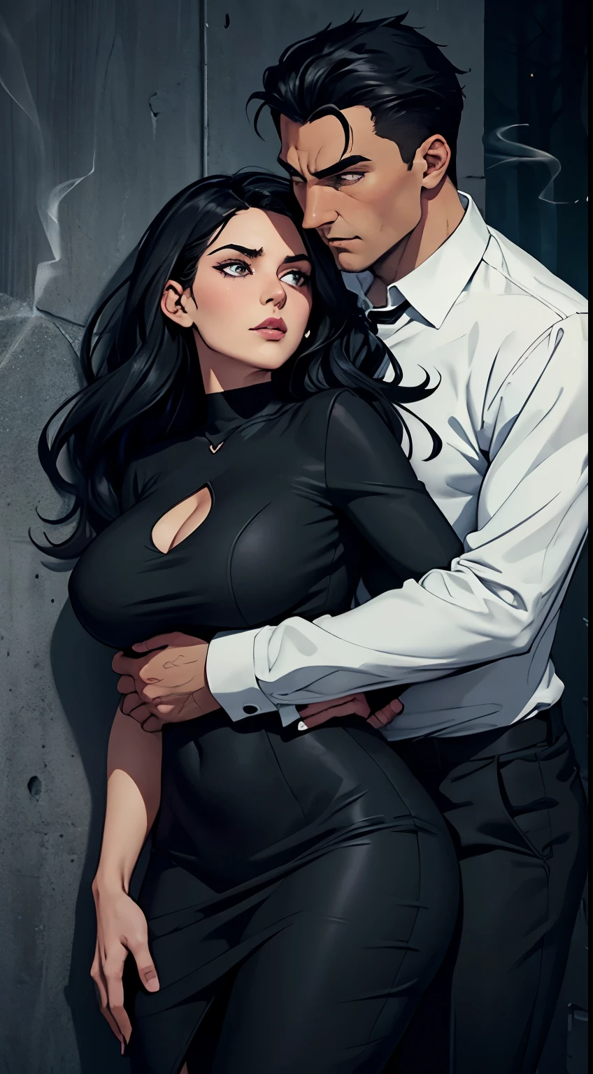 comics: a white woman with dark, wavy black hair, with a passionate look wearing a tight black dress hugging her curves.
The woman looks at a man who is leaning against the wall wearing a black dress shirt and black dress pants while smoking, his possessive hands are on the woman's waist.
The setting is at night where it is a dark forest.
He looks at the woman with a possessive look Book cover