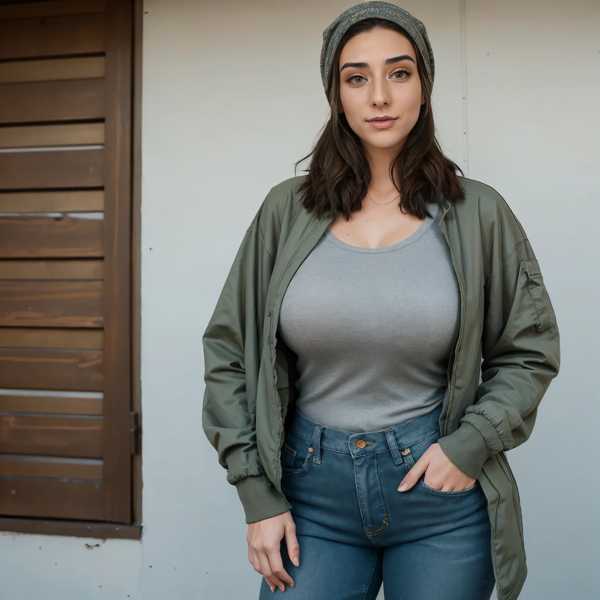 Extremely busty thin and toned brunette photographer, college girl, fair skin, loose side sweep, soft face, athletic, bandana babushka headwrap, tight olive green casual windbreaker, skinny jeans. standing in front of her apartment building, outdoors, city, camera bag, cleavage 