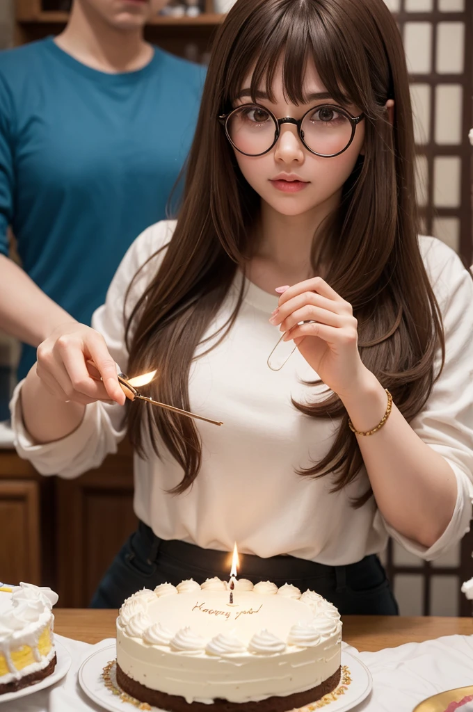 Make an art of one with long brown hair and bangs, big round glasses, blowing out a 31st candle on top of a cake at a birthday party