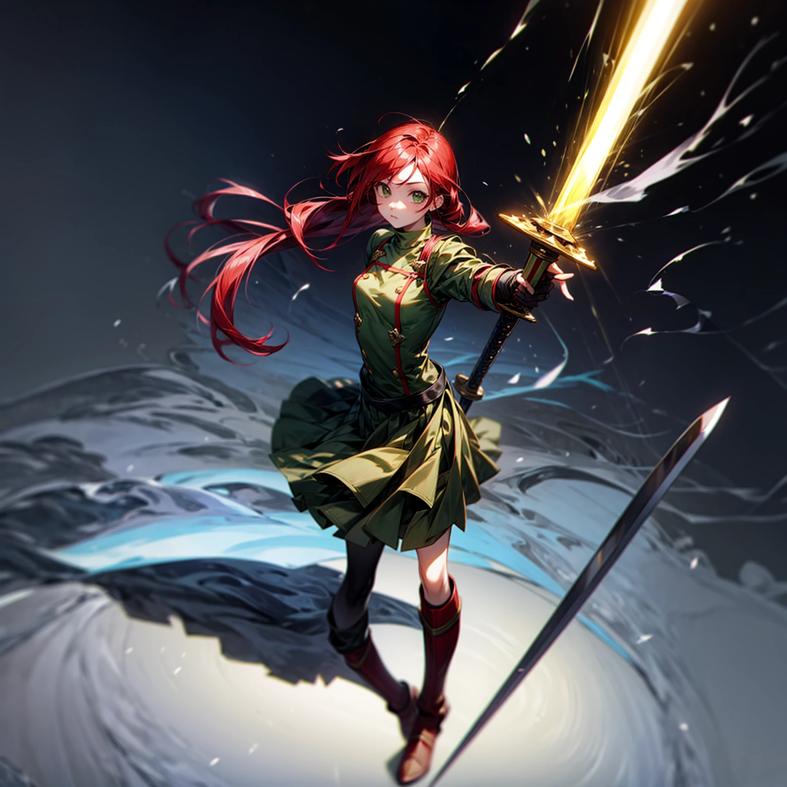 1girl, Full body version, 1character, character is girl, green eyes color, long hairstyle, red colour hair, soldier style clothing, Long skirt, long socks, long boots, red earrings, two gold sword in two hand, full armors in body, full background, Grassroots, background in town, motion blur, shadow, standing gesture, sword emits a black aura, smoke, blue fire, lighting sword, lighting hologram, satan, lighting blue fire