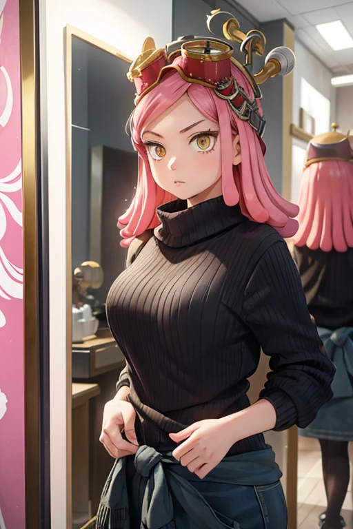 Mei Hatsume, a girl with yellow eyes with cross-shaped pupils and asymmetrically combed pink hair, with two longer strands on the right side of her face, stood in front of a full-figured woman. long mirror admiring your reflection.