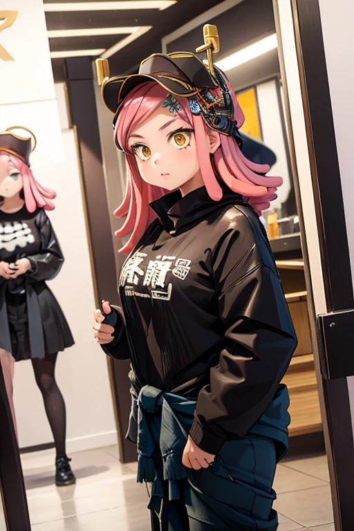 Mei Hatsume, a girl with yellow eyes with cross-shaped pupils and asymmetrically combed pink hair, with two longer strands on the right side of her face, stood in front of a full-figured woman. long mirror admiring your reflection.