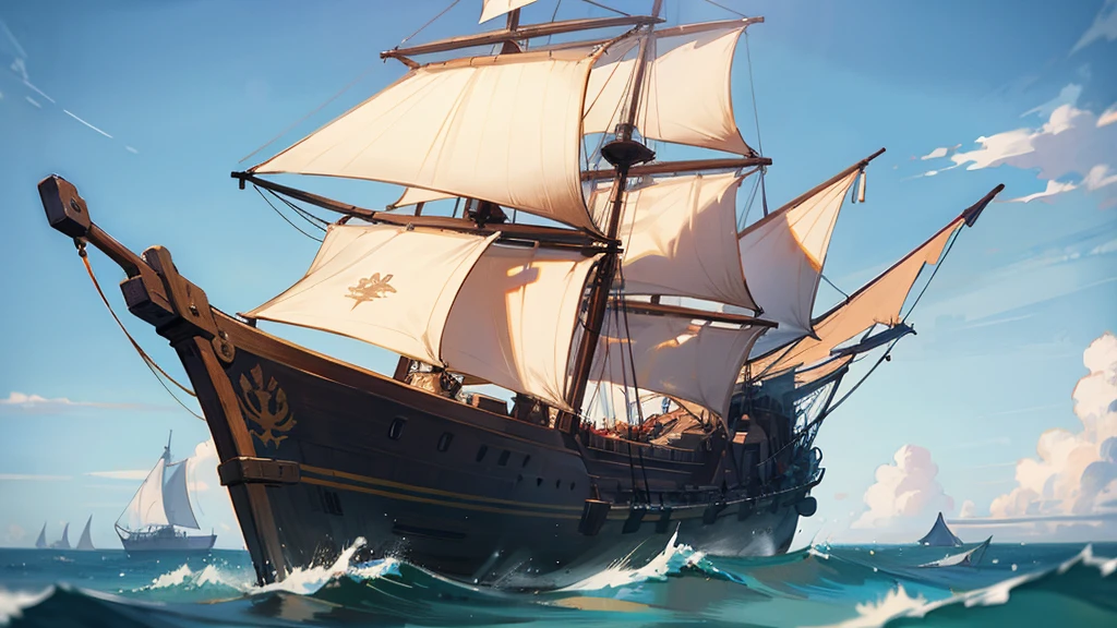 old ship, Medieval ship, Galeon, Sailing ship, open sea, clear sky, painting, one ship,
