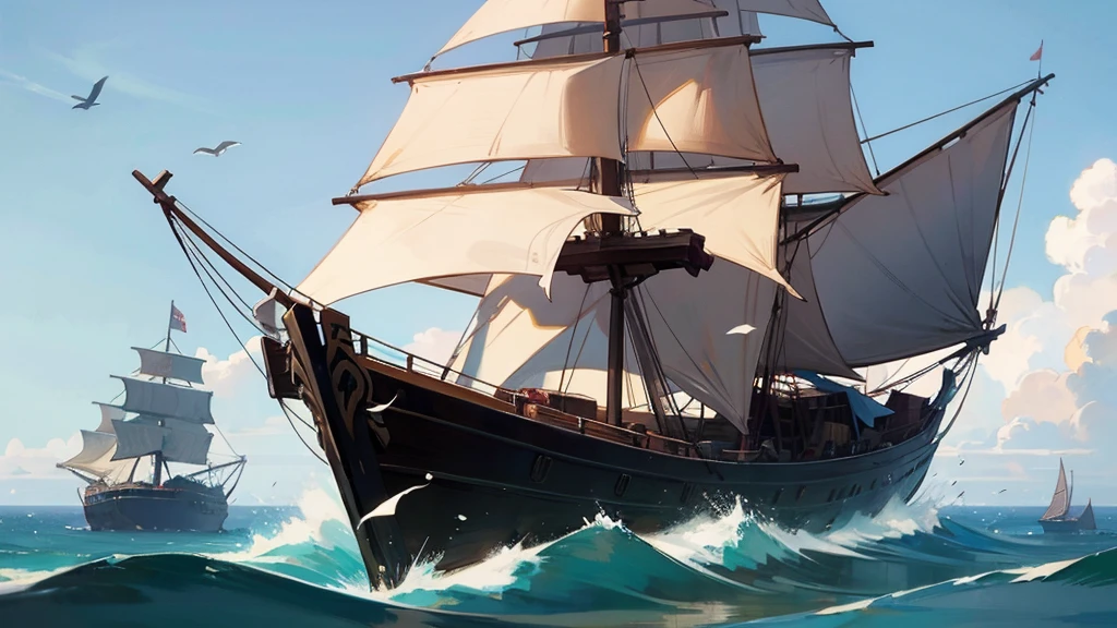 old ship, Medieval ship, Galeon, Sailing ship, open sea, clear sky, painting, one ship,
