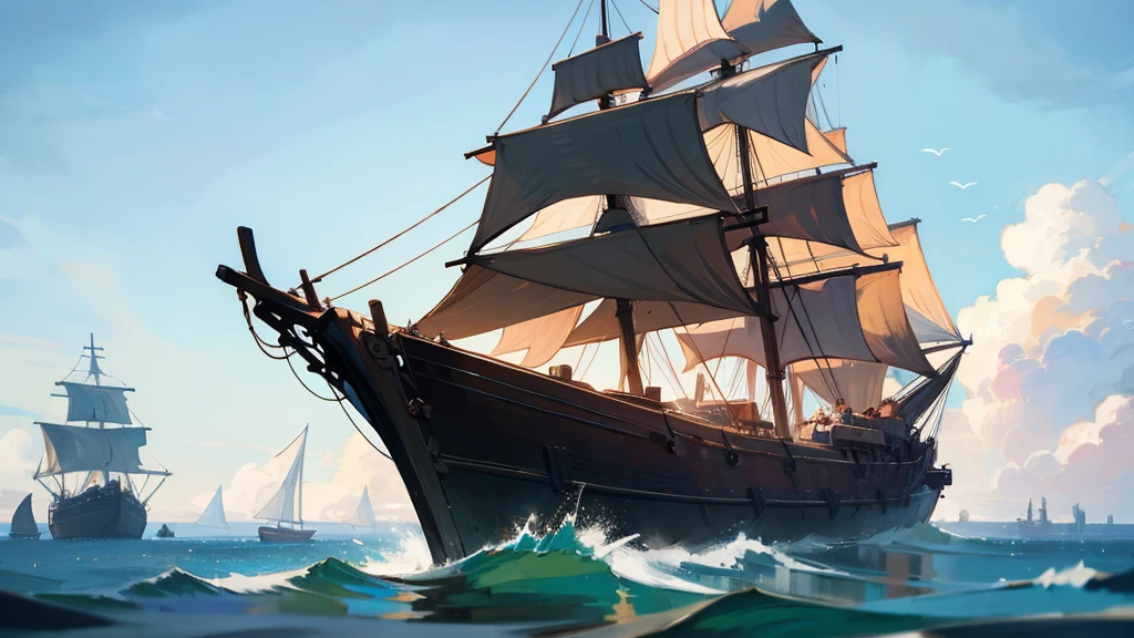 old ship, Medieval ship, Galeon, Sailing ship, open sea, clear sky, painting, one ship,