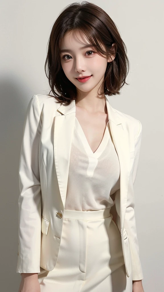 ((masterpiece: 1.4, best quality))+,(ultra detail)+, official art, unity 8k wallpaper, ultra detail, beautiful, high quality, Highlight your cute face,  masterpiece, best quality, medium length short hair, (brown eyes, brown hair), bust, looking straight ahead, laugh, (White blouse & Black color.blazer :1.4), colorful accessories, (Charming eyes:1.3)