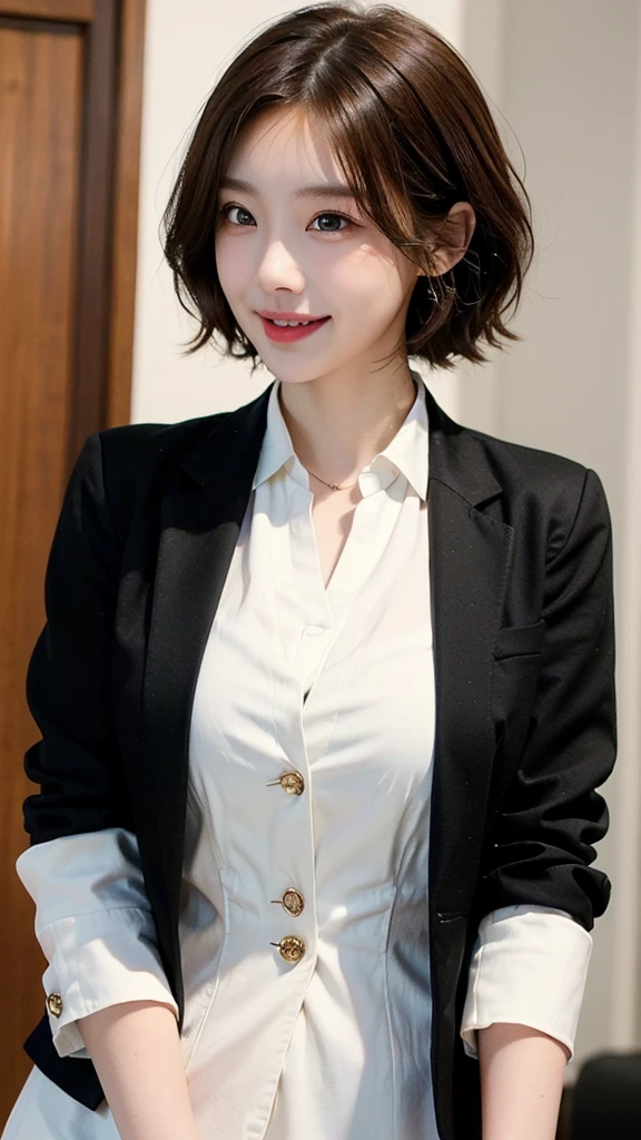 ((masterpiece: 1.4, best quality))+,(ultra detail)+, official art, unity 8k wallpaper, ultra detail, beautiful, high quality, Highlight your cute face,  masterpiece, best quality, medium length short hair, (brown eyes, brown hair), bust, looking straight ahead, laugh, (White blouse & Black color.blazer :1.4), colorful accessories, (Charming eyes:1.3)