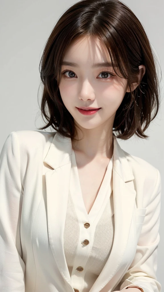 ((masterpiece: 1.4, best quality))+,(ultra detail)+, official art, unity 8k wallpaper, ultra detail, beautiful, high quality, Highlight your cute face, masterpiece, best quality, medium length short hair, (brown eyes, brown hair), bust, looking straight ahead, laugh, (White blouse & Black color.blazer :1.4), colorful accessories, (Charming eyes:1.3)