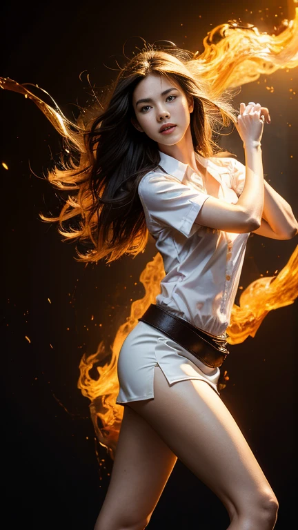 (fire element:1.1), knee shot, It consists of fire element,fire,transparency,burning,(molten rock),Frame print,burning hair,smoke,cloud,chopped, girl engulfed in flames, Flames fly and sparks scatter,mano burning,translucent luminescence, 18s woman in thai university uniform, long straight fire hair, white shirt, black tight mini skirt, brown belt, sneakers, masterpiece:1.2, high detail, realistic, cinematic scene, fire goddess, slim and perfect figure, 16k, close up, portrait photo, dynamic powerful sexy pose