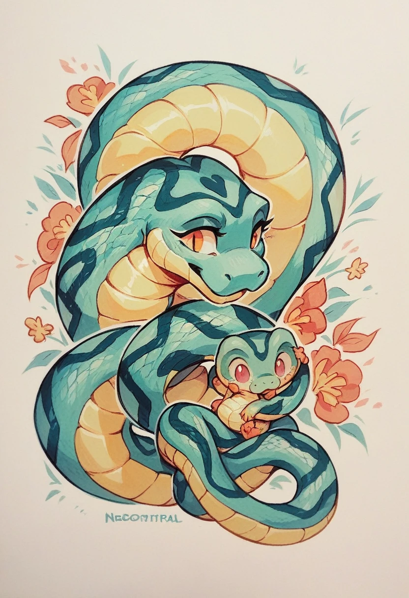 Baby with a snake on his body, neotraditional illustration
