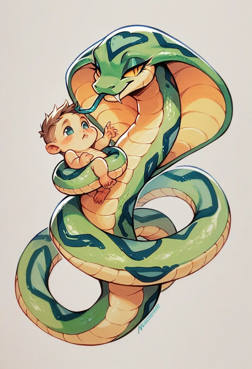 Baby with a snake on his body, neotraditional illustration