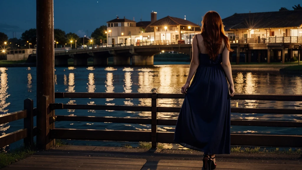 Thick redhead girl, wearing long dress and high heels, photo from afar, at night, photo from behind