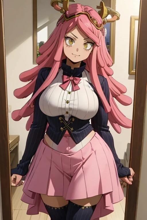 Mei Hatsume, a girl with yellow eyes with cross-shaped pupils and asymmetrically combed pink hair, with two longer strands on the right side of her face, stood in front of a full-figured woman. long mirror admiring your reflection.