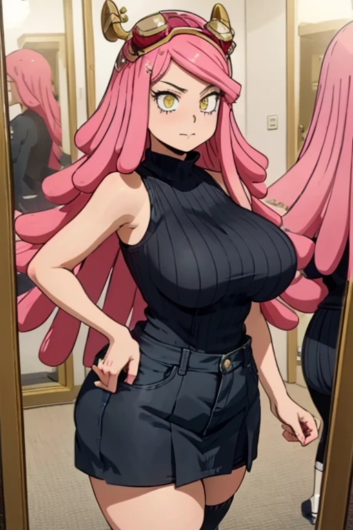 Mei Hatsume, a girl with yellow eyes with cross-shaped pupils and asymmetrically combed pink hair, with two longer strands on the right side of her face, stood in front of a full-figured woman. long mirror admiring your reflection.