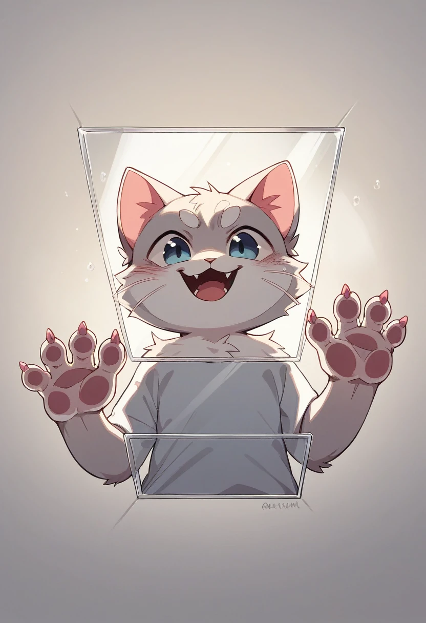 /I Through frosted glass, I saw a cute cat face with a hazy texture, with two pink claws protruding from below. Simple background and cartoon style. Featuring white and gray, adopting minimalist design. A close-up of only one claw with a blurry effect to increase depth --ar 9:16 --style raw --stylize 50