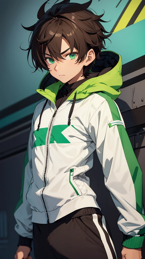 16 year old boy, 1.60 cm tall, dark green eyes, long dark brown hair, slim and muscular ,wind breaker style
Anime