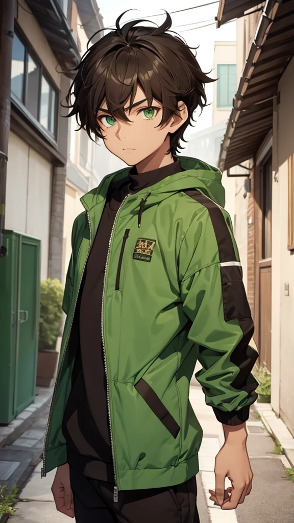  boy, 1.60 cm tall, dark green eyes, long dark brown hair, slim and muscular  ,wind breaker style
Anime