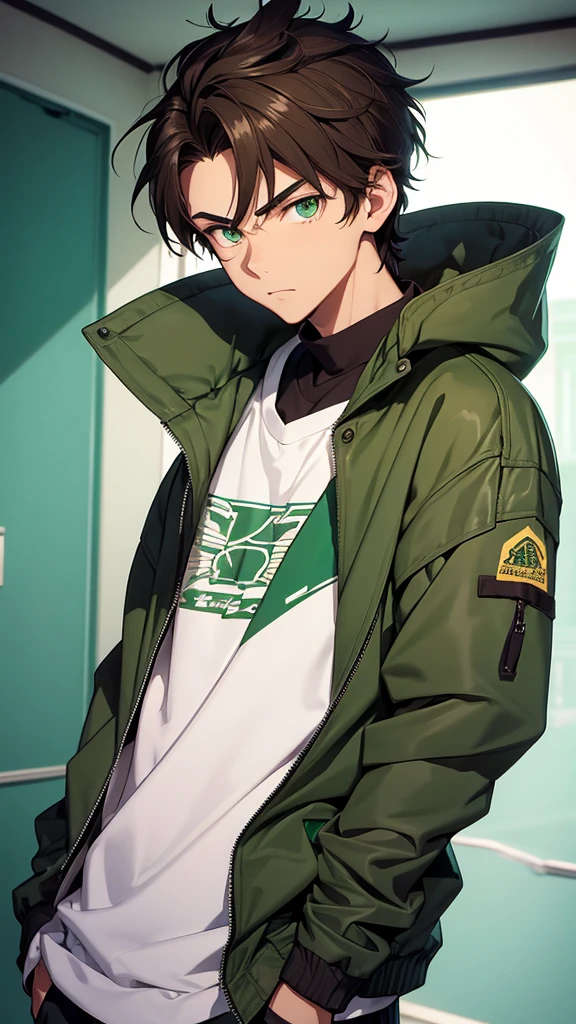16 year old boy, 1.60 cm tall, dark green eyes, long dark brown hair, slim and muscular  ,wind breaker style
Anime