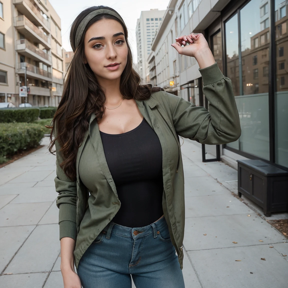 Extremely busty thin and toned brunette photographer, college girl, fair skin, loose side sweep, soft face, athletic, bandana babushka headwrap, tight olive green casual windbreaker, skinny jeans. standing in front of her apartment building, outdoors, city, camera bag, cleavage
