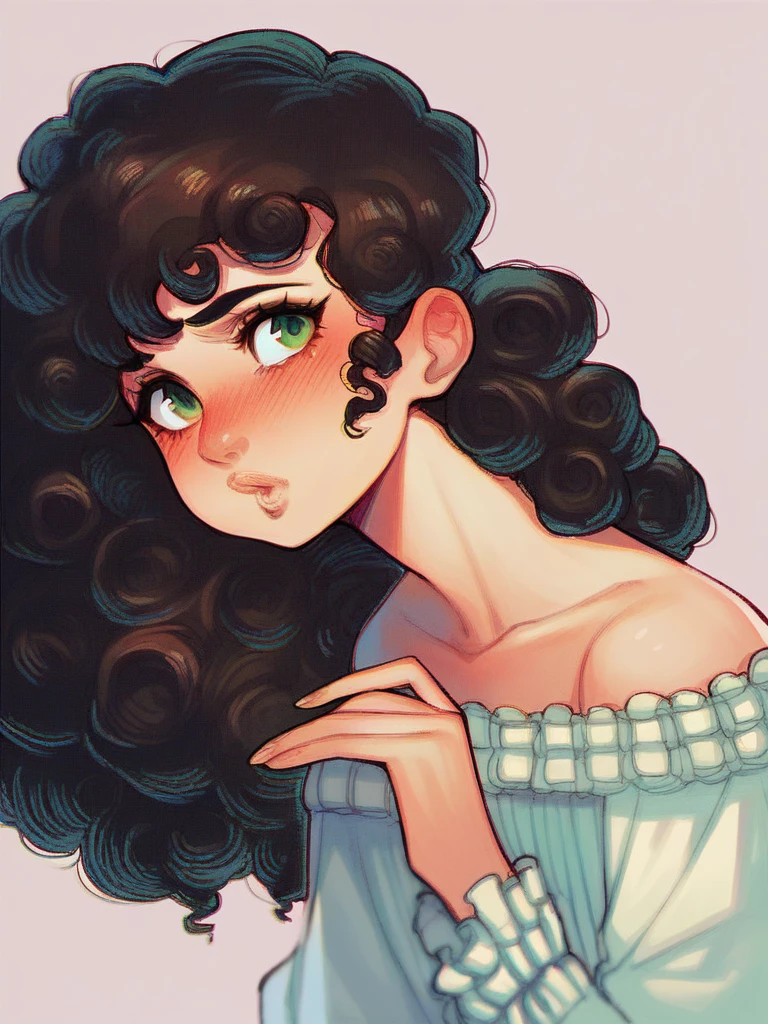 One girl, black_girl, green_eyes, black_hair, curly_hair,  curly_bangs, thick_lips, pecas, blushed,