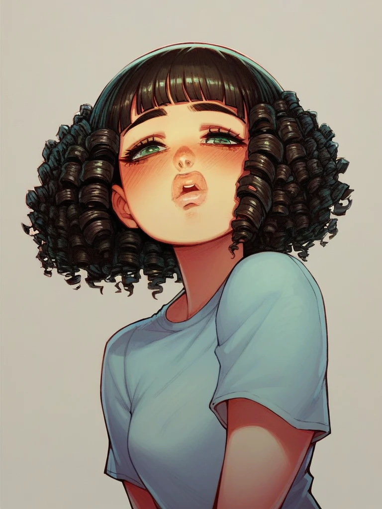 One girl, black_girl, green_eyes, black_hair, curly_hair, curly_bangs, thick_lips, pecas, blushed,
