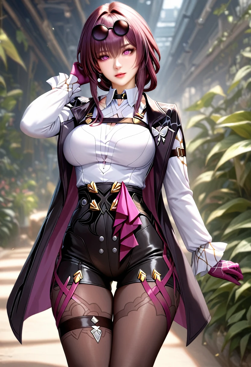 animetoreal,soft light, masterpiece, best quality,high quality,delicate face, realistic,photorealistic,1girl,,kafka_(honkai:_star_rail), honkai:_star_rail, honkai_(series), 1girl, butterfly_ornament, eyewear_on_head, hair_between_eyes, large_breasts, long_hair, purple_eyes, purple_hair, round_eyewear, sidelocks, asymmetrical_legwear, belt, arm_belt, black_jacket, black_shorts, boots, collared_shirt, gloves, high-waist_shorts, jacket, knee_boots, multiple_belts, open_clothes, open_jacket, pantyhose, pantyhose_under_shorts, purple_gloves, purple_pantyhose, shirt, short_shorts, shorts,in a botanical garden,blur background,background defocus