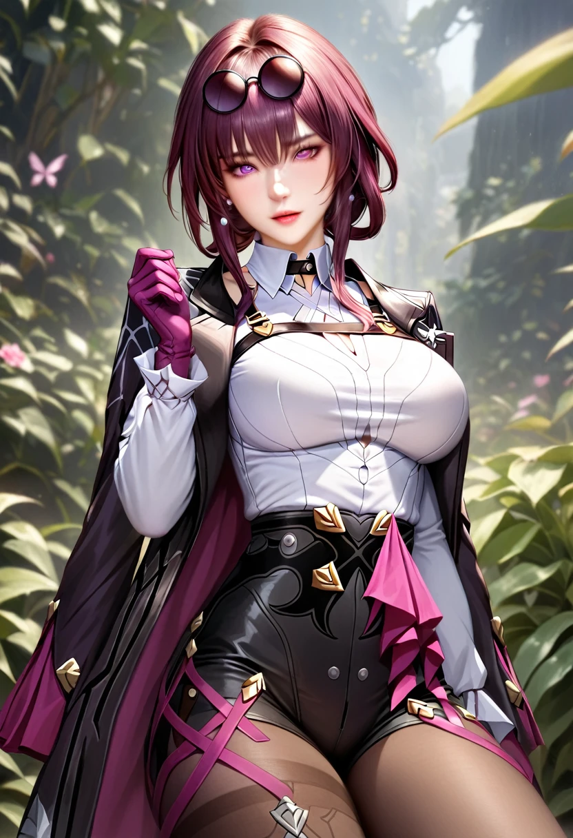 animetoreal,soft light, masterpiece, best quality,high quality,delicate face, realistic,photorealistic,1girl,,kafka_(honkai:_star_rail), honkai:_star_rail, honkai_(series), 1girl, butterfly_ornament, eyewear_on_head, hair_between_eyes, large_breasts, long_hair, purple_eyes, purple_hair, round_eyewear, sidelocks, asymmetrical_legwear, belt, arm_belt, black_jacket, black_shorts, boots, collared_shirt, gloves, high-waist_shorts, jacket, knee_boots, multiple_belts, open_clothes, open_jacket, pantyhose, pantyhose_under_shorts, purple_gloves, purple_pantyhose, shirt, short_shorts, shorts,in a botanical garden,blur background,background defocus