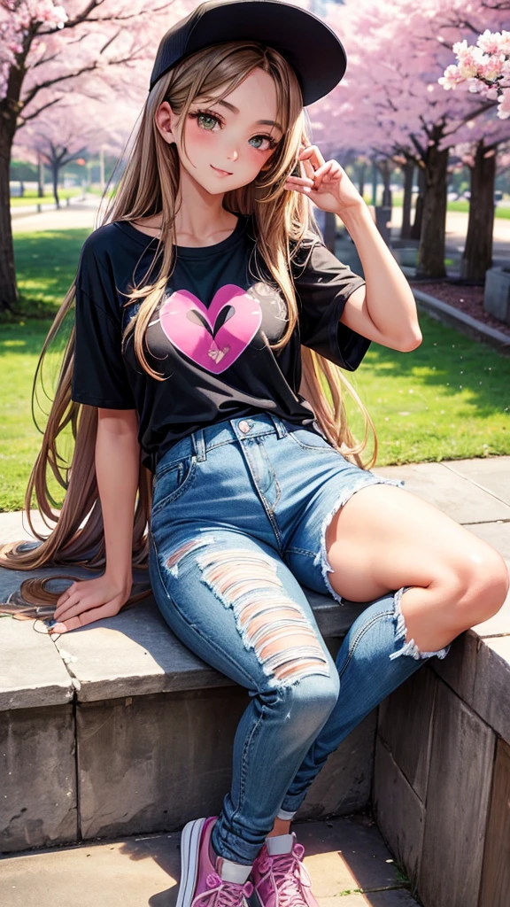 young and beautiful girl. Big caramel brown eyes, loose hair, long and shiny straight, color gris, small nose, pink lips beautiful smile, blushing cheeks, slim well proportioned body, ripped denim jeans, green converse type tennis shoes with black laces, green fitted t-shirt, with letters MK written on it, He holds in his right hand a black cube with bright purple rays., very clear blue sky background, a japanese palace and a large cherry blossom tree 