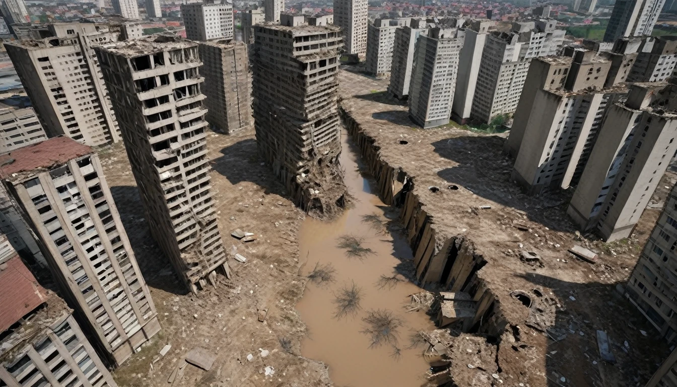 Twisted cityscape, Surrealist, Fiction, large modern city with several tall buildings. The whole city seems to be twisted and ravaged. The ground is distorted and forms several zones between several blocks of buildings. Several tall buildings are ripped open. Some zones are raised in height others are lowered. The majority of buildings are destroyed and in ruins, the streets are partly destroyed and some areas are flooded. Crevices and chasms formed between several buildings creating fragments of land. There are several holes in the roads like in the buildings. The place seems deserted. Several large pieces of land with several tall buildings on it are over-raised. Several large pieces with several tall buildings on them are driven into the ground. [Ruins] [Modern City] [Urban Landscape] [Destruction] [High Building] [Abandoned] [Overview] [Crevasses] [Chasm] [Fragments of Overgrown Land] [Fragments of Land Descended] [Apocalyptic] [ High Modern Building Destroyed] [Twisted Landscape] [Fiction] [Lowers lands and Uppers lands] [Areas driven into the ground] [Areas raised above the ground] [ Several areas with high buildings sunk into the ground] [Several areas with large buildings raised above the ground] [Several tall buildings are ripped open] [Several large pieces of land with several tall buildings on it are over-raised] [Several large pieces with several tall buildings on them are driven into the ground]