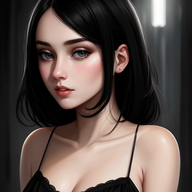 beautiful girl with realistic black eyes, pale skin, mid-length black hair, cum on perfect face, perfect eyes, wearing sheet sundress, highly detailed, comprehensive cinematic, digital painting, 8k, cinematic lighting, best quality, highres, detailed work, post-processing, perfect result, hyper realistic