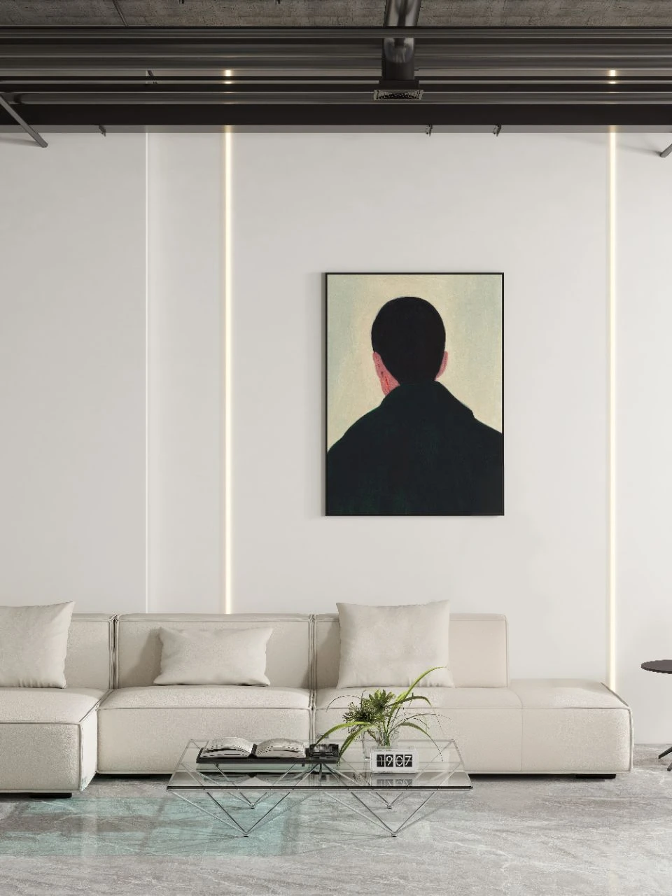 A woman on the sofa is looking down at her phone