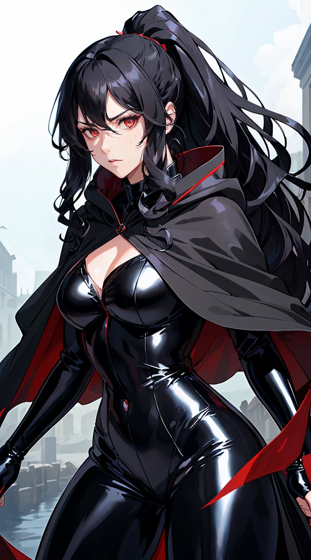 handsome older WOMAN,crimson-eyes,crimson pupils,Long black hair,Hyperresolution,accuracy,Detailed rendering,(Subtle facial image)(Image of fine hair)(topquality)(Masterpieces of masters)(High degree of completeness)(A sense of atmosphere)tmasterpiece,Super detailed and super detailed(portrait), long wavy black hair, (((tHICK WAVY HAIR)))(((ANKLE LENGTH HAIR))) (((Sakimichan))) (((black hair))) (((Latex black fight outfit))) (((Hair in ponytail))) (((skinny))) (((Latex black fight suit)))(((Stoic expression)))(((Black cloak)))