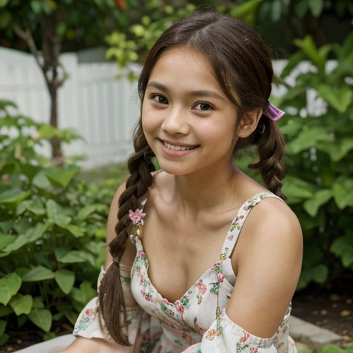  girl with medium length brown hair, children's pigtails hair, Filipine facial structure, a beautiful smile on her face and a deep look, she wearing a floral dress, bare shoulders, she in a garden, full body view