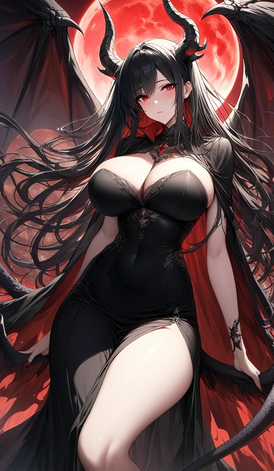 A masterpiece, very detailed, ultra-detailed, one, female goddess, beautiful woman, beautiful woman - pleasant skin, long black hair and a parting on the side, bloody red eyes, with demonic black horns with a shade of red, Large and long black dragon wings with a red tint, and a black dress with blood-red Cape, with huge breasts, a lush and soft body, with an aura of mystery around her, and she is on a luxurious and beautiful balcony against the background of a large red moon