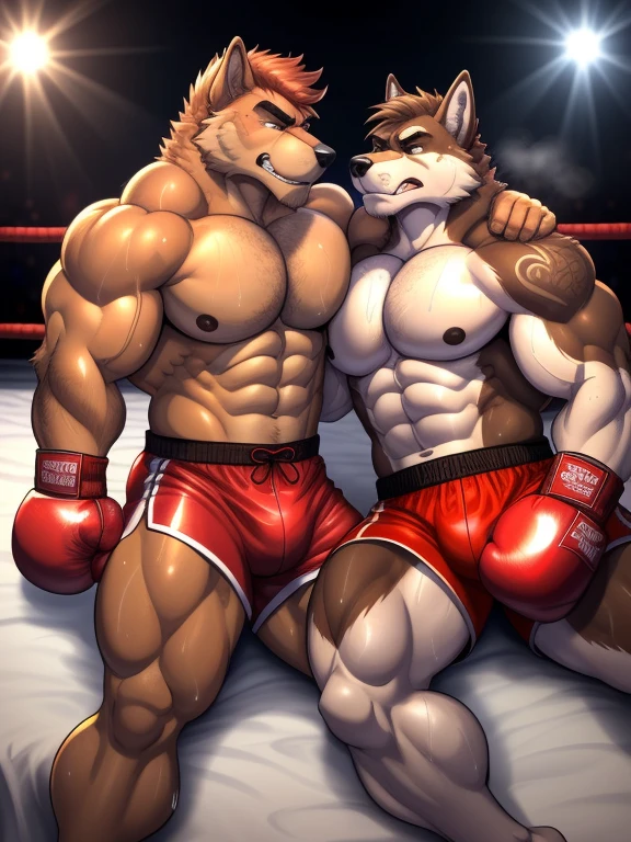 Duo male(Brown Wolf vs Brown Wolf, handsomes, with hairstyle, Thick eyebrows), gay(lying down, cuddling embraced, flexing abs, face to face, on a bed match), hot(Shirtless), handsomes(They are handsomes, correct anatomy), musculosos(Big muscle bodies, Six packs, muscle abs, big pecs, muscle backs, muscle legs), sweaty(very sweaty wet bodies, shiny sweat), tatuajes(they have tattoos), Grumpy(Both have an grumpy expression, growling, grumpy teeths, steaming breath), Boxing gloves(They both are wearing red boxing gloves), boxing shorts(They both are wearing boxing shorts), Hight resolution, by(Zourik:1.1)