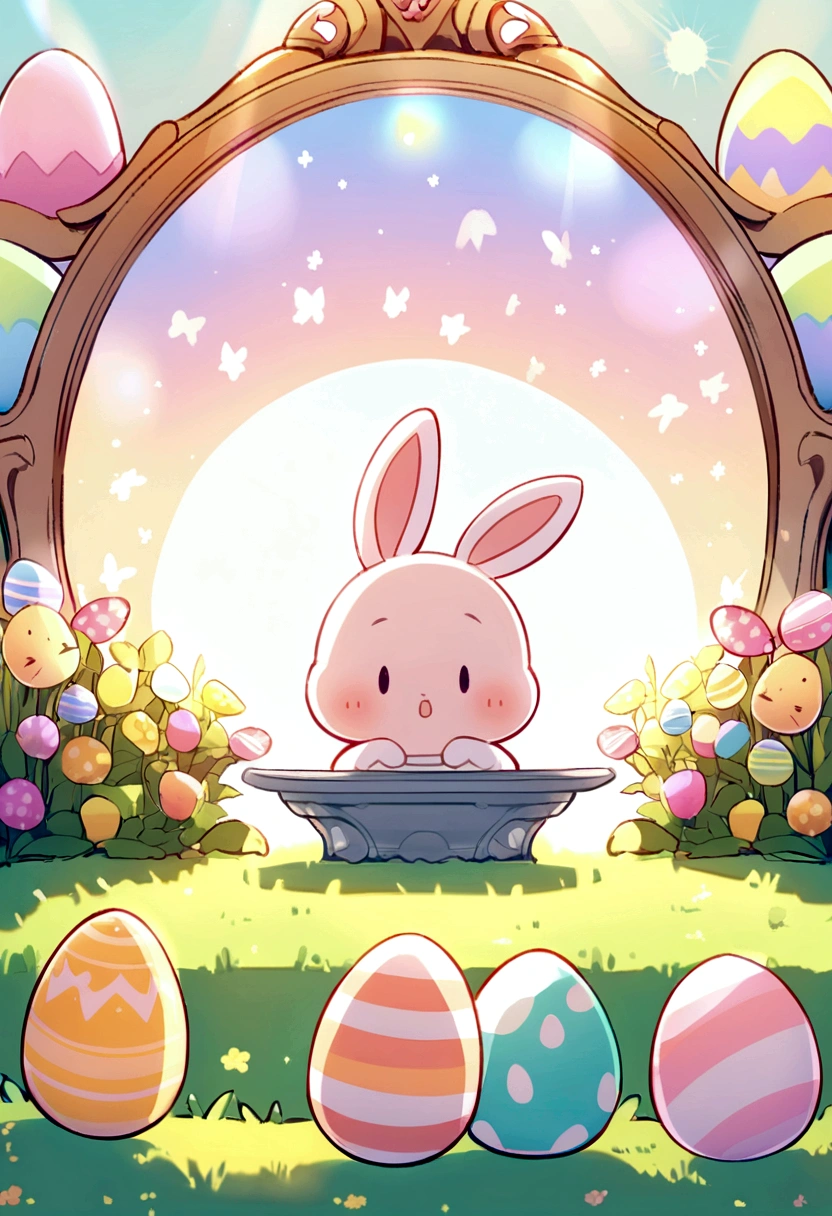 Cute Easter Baby Bunny, Wiese, 4 colorful easter eggs, With round eyes, Garden fountain, Light Light, Distant home々, Mirror Effect