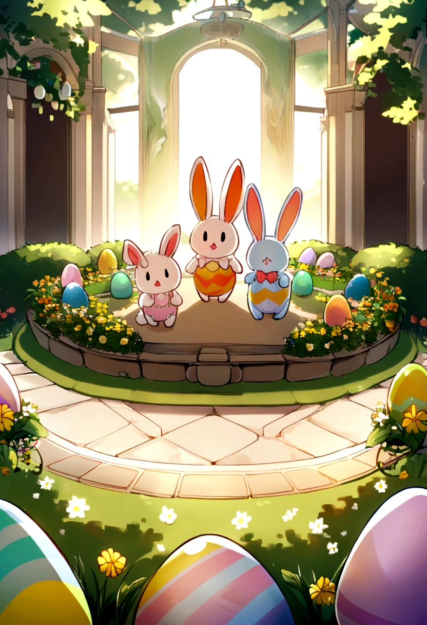 Cute Easter Baby Bunny, Wiese, 4 colorful easter eggs, With round eyes, Garden fountain, Light Light, Distant home々, Mirror Effect
