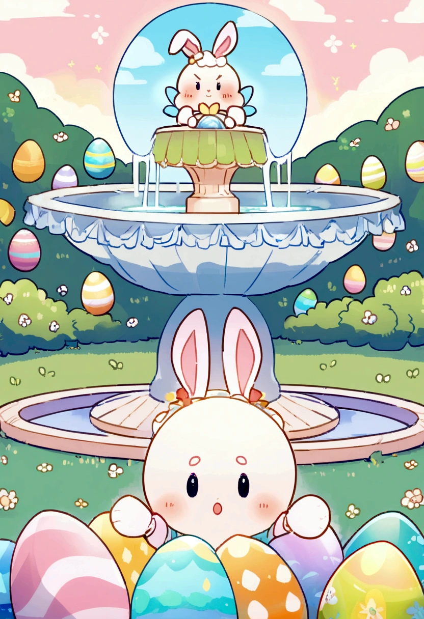 Cute Easter Baby Bunny, Wiese, 4 colorful easter eggs, With round eyes, Garden fountain, Light Light, Distant home々, Mirror Effect