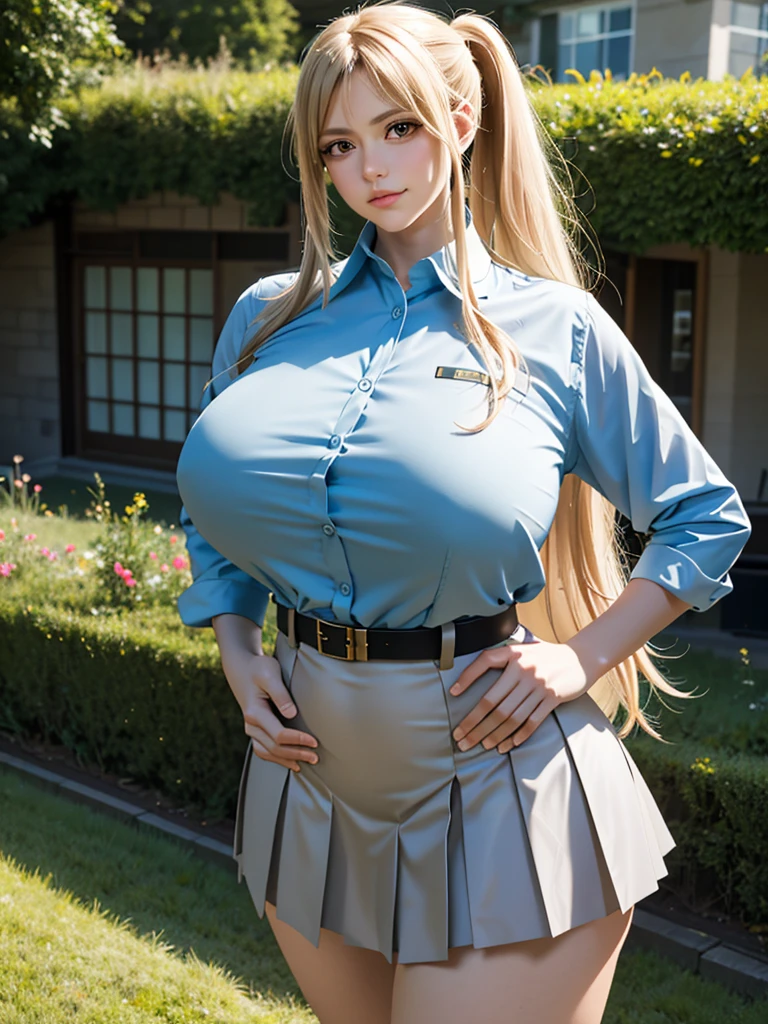 samus aran, collared shirt and pleated skirt, fluttering hair, long ponytail, long wavy hair, long curl hair, huge tit, thick thighs, huge hip, long eyelashes, eyeshadow, blush, gentle smile, upper body from below, spread legs, hands on hip, river in meadow