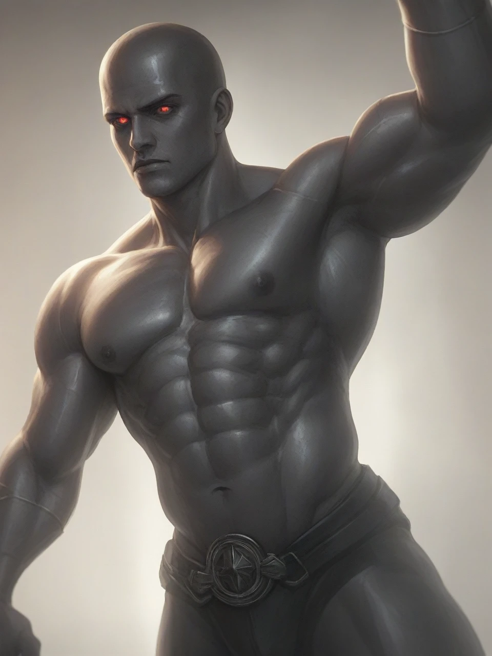 a muscular fat man with metallic skin, wearing a black outfit with red details on the chest, highly detailed, 8k, photorealistic, dramatic lighting, cinematic composition, powerful presence, muscular physique, metallic skin texture, intense expression, red and black color scheme, hyper detailed, dramatic shadows, chiaroscuro lighting, cinematic pose