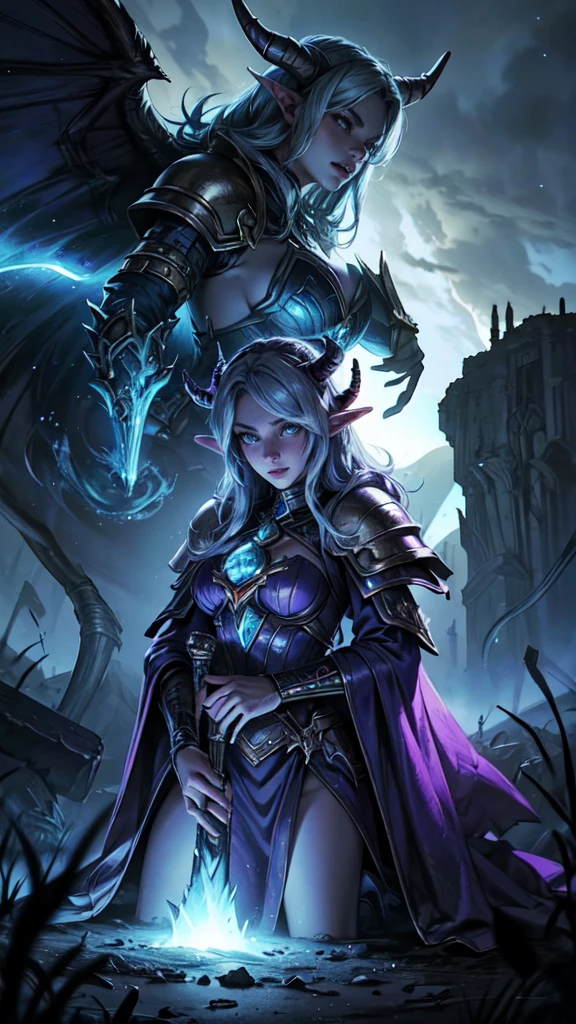 best quality,ultra-detailed,realistic,Warcraft,World of Warcraft,Draenei warlock,fantasy,magic,mystical,glowing eyes,dark magic,ancient,forbidden knowledge,cosmic power,sorcery,demonic presence,ethereal beauty,enchanted horns,elaborate armor,powerful staff,floats in mid-air,magical artifacts,dimensional portals,fiery spells,smoke and mist,otherworldly landscape,mysterious ruins,giant crystals,celestial beings,stormy sky,intense atmosphere,vibrant colors,dynamic lighting,mythical creatures,beast companion, epic battle,heroic struggle,epic fantasy adventure.,detailed face, detailed eyes, detailed handssexy woman,elf girl, full body