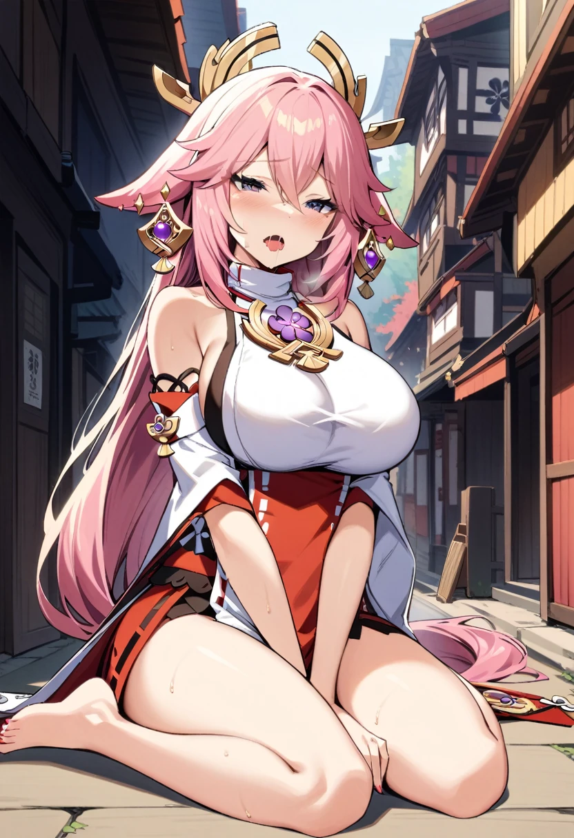 masterpiece, best quality, very aesthetic, absurdres,1girl, ,Yae Miko,Yae Miko(genshin impact), long pink hair, fox ears , purple eyes, a large gold ornament, large breasts, barefoot,,wariza, masturbate, one_hand_between_legs ,open_mouth, saliva, tear in eyes,,embarrassed,in street,floating_hair