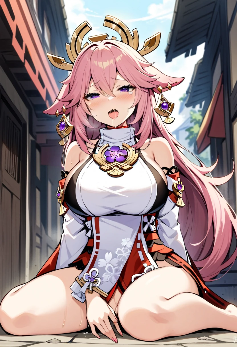 masterpiece, best quality, very aesthetic, absurdres,1girl, ,Yae Miko,Yae Miko(genshin impact), long pink hair, fox ears , purple eyes, a large gold ornament, large breasts, barefoot,,wariza, masturbate, one_hand_between_legs ,open_mouth, saliva, tear in eyes,,embarrassed,in street,floating_hair
