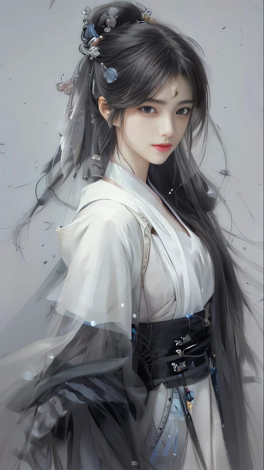 A painting,The painting shows a woman with long hair wearing a white dress, Beautiful character painting, Gu Weiss, artwork in the style of Gu Weiss, author:Yang J, author:Fan Qi, author:Zhang Han, author曾静, by Zhou Wenjing, Gu Weiss masterpiece, author:Li Song, Beautiful anime portrait, author:Ye Xin, author:Song Xu
