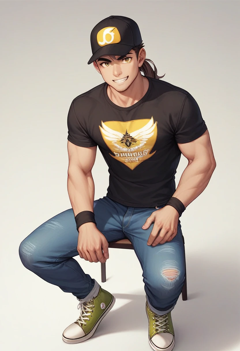 1 medium-tall 16-year-old male, anime style. Her hair is long with a ponytail and double bangs.. Wear a jockey hat with a "r" the day. His large eyes have a brown iris and pointed eyebrows., with a confident smile on his face.
Wear a green short-sleeved T-shirt with an alternating yellow and white pattern design.. His pants are blue jeans with some white and yellow embroidery.. His shoes are converse-type sneakers between black and white.. Has black wristbands. He is not muscular.