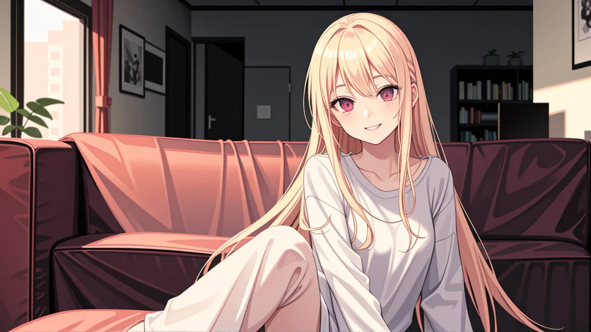 adult woman, pink eyes, long blonde hair, smile, morning, living room, casual clothes