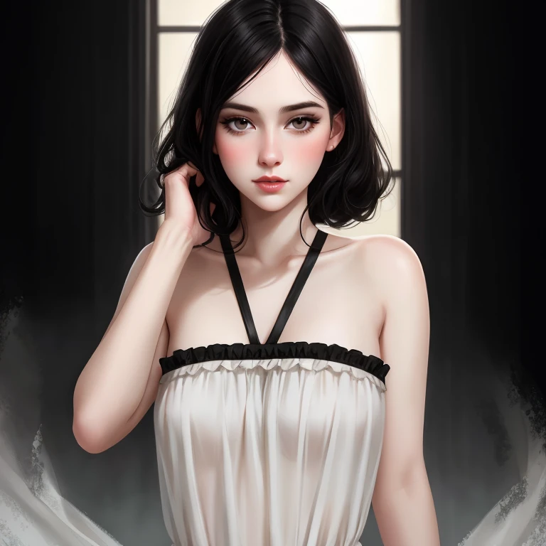 beautiful girl with realistic black eyes, pale skin, mid-length black hair, cum on perfect face, perfect eyes, wearing sheet sundress, highly detailed, comprehensive cinematic, digital painting, 8k, cinematic lighting, best quality, highres, detailed work, post-processing, perfect result, hyper realistic