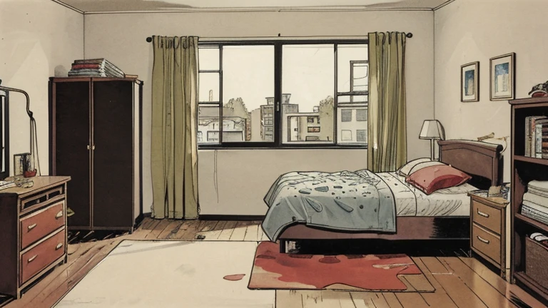 illustration, comic style, a sloppy bedroom in America in 1960, a messy boy's bedroom, with a window, with a closet, full view of the room.
