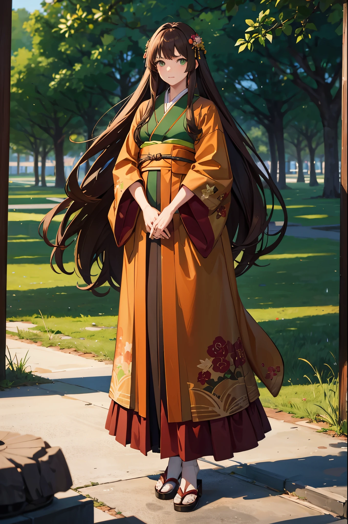 1woman, long brown hair, green eyes, kimono, standing on ground, high res, ultra sharp, 8K, masterpiece
